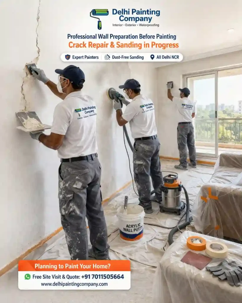 Delhi painting company painters working in 2bhk flat doing putty work and sanding graphic image