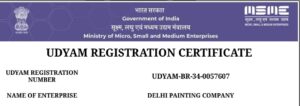 Delhi Painting Company certificate of registered MSME under the Government of India’s Udyam Registration system.
