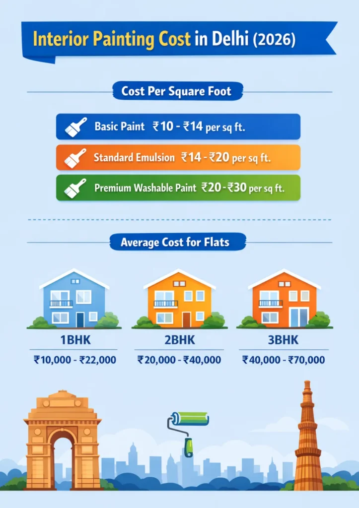 Interior painting cost in Delhi per square foot and flat size infographic