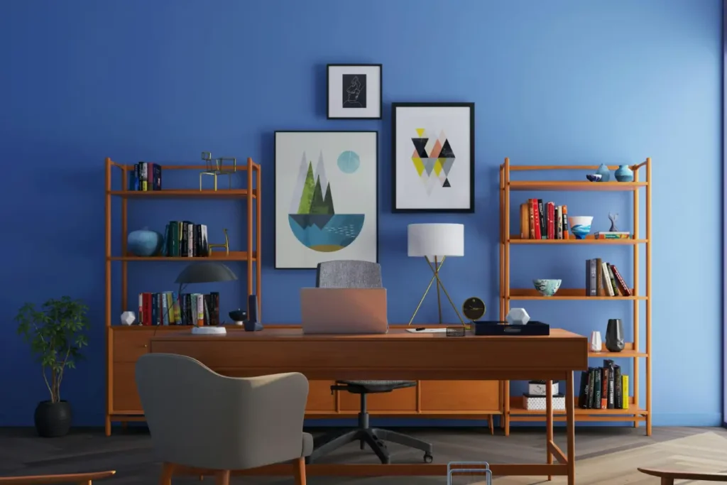 living room blue color finished wall