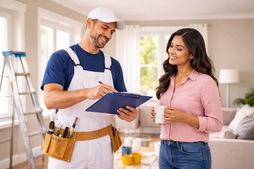 painting contractor explaing painting plan to homeowner