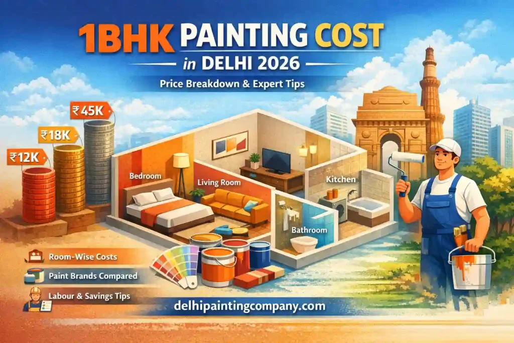 1BHK painting cost in Delhi 2026 complete guide showing price range from ₹12,000 to ₹32,500 with room-wise cost and paint brand comparison
