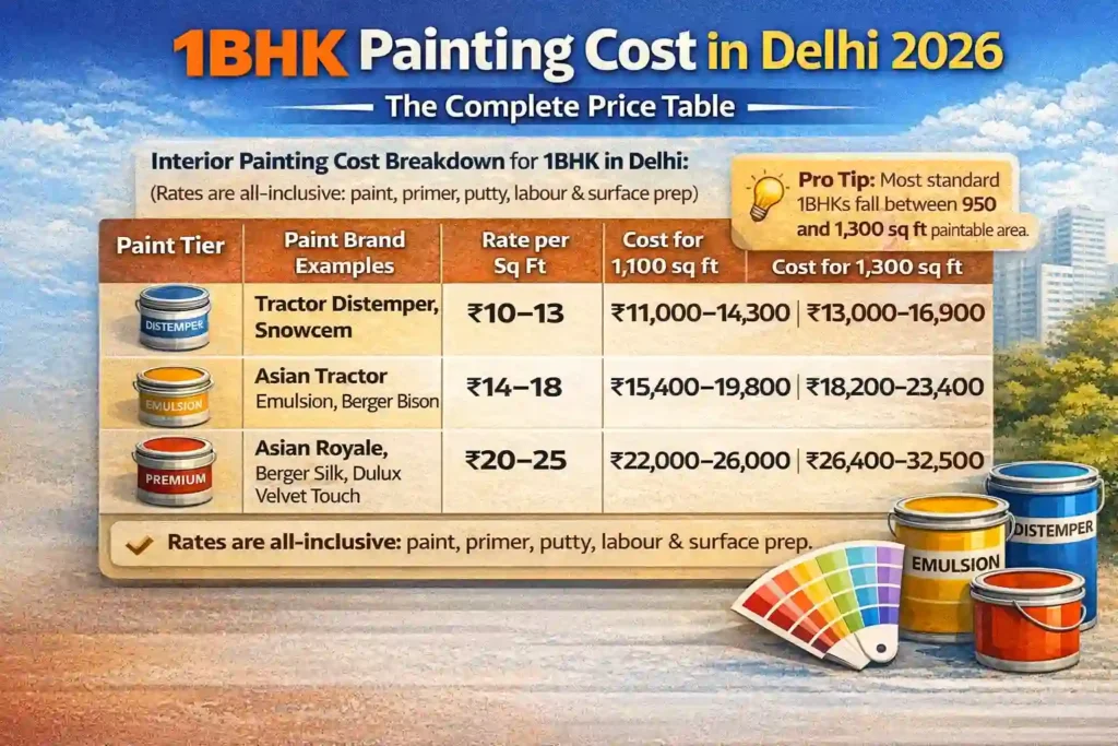 1BHK painting cost in Delhi showing total price range ₹11,000 to ₹32,500 and per sq ft rate ₹10–13 for distemper, ₹14–18 for standard emulsion and ₹20–25 for premium emulsion based on 1100 to 1300 sq ft area