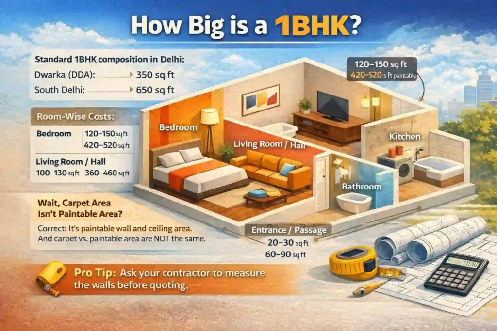 1BHK size and paintable area breakdown in Delhi showing bedroom, living room, kitchen and bathroom with total paintable area around 1100 to 1300 sq ft