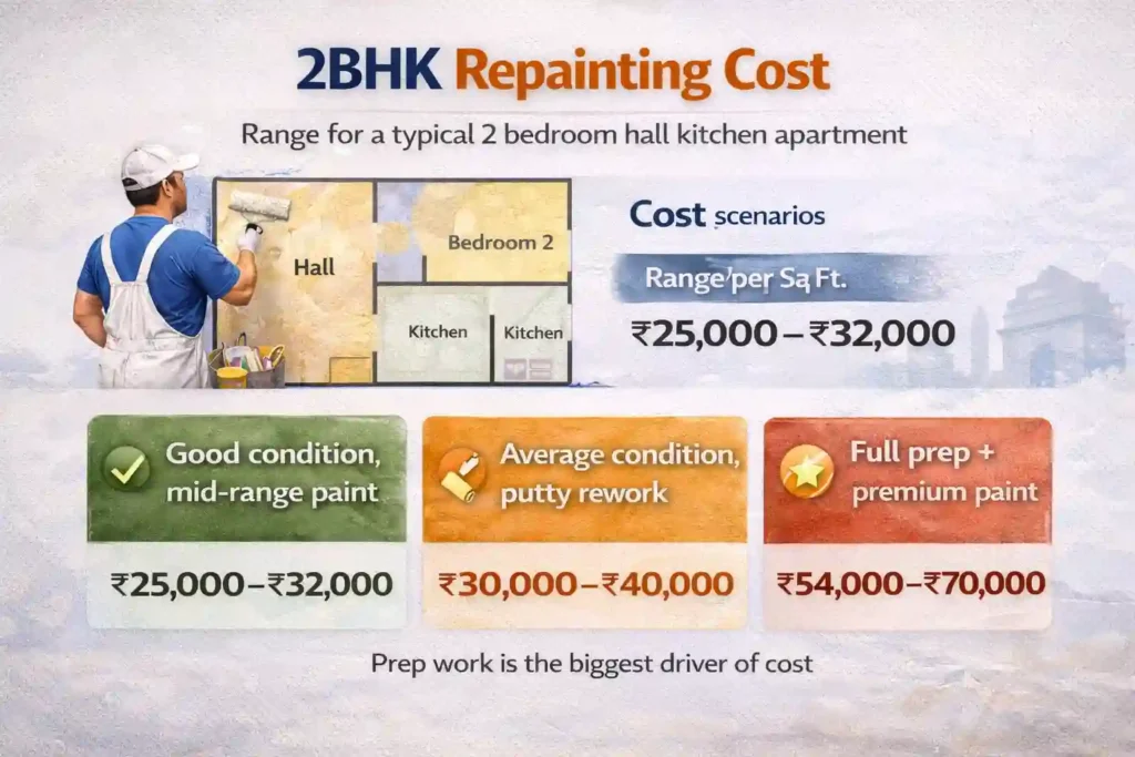 2BHK repainting cost in Delhi with different scenarios based on wall condition and paint quality