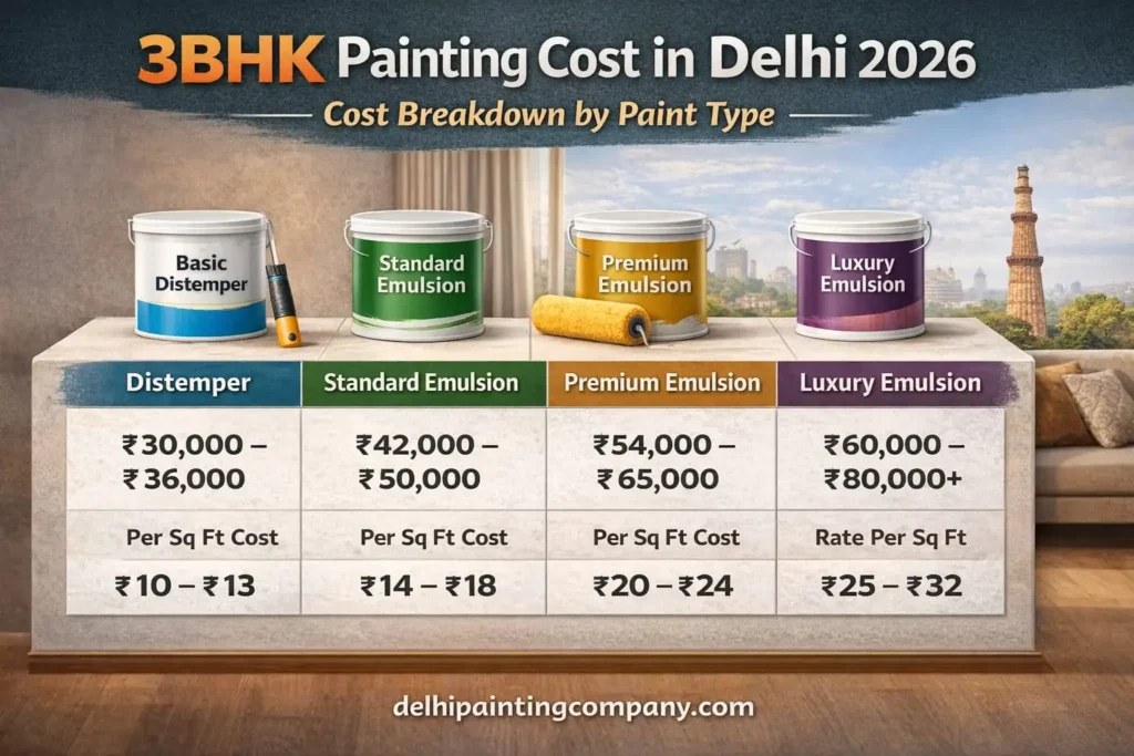 3BHK painting cost explained with per sq ft and total cost range in Delhi NCR infographic
