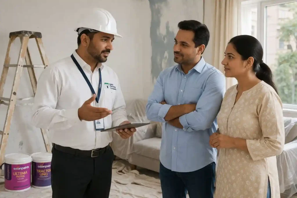 Delhi painting company supervisor doing and discussion with homeowner of a 3BHK flat in Delhi NCR graphic