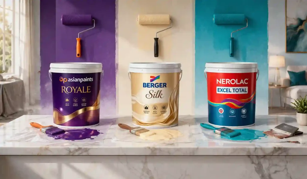 Paints brand comparison for 3BHK homes in Delhi NCR. Royale vs Berger silk vs Nerolac impression