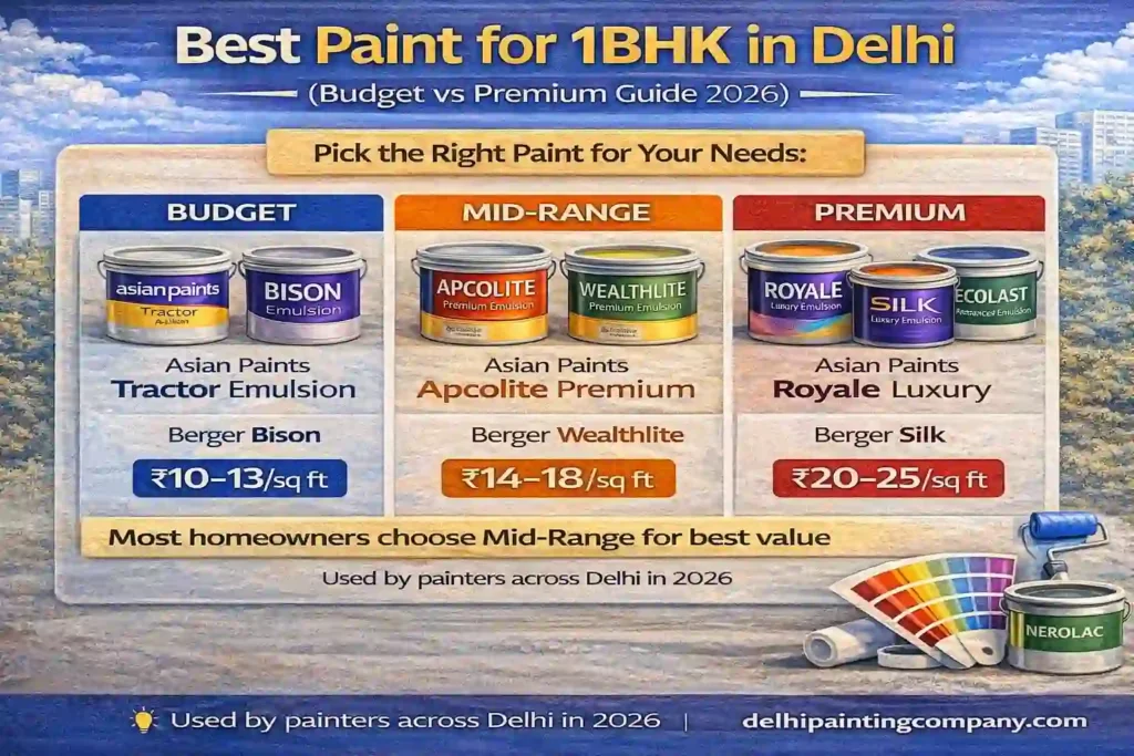 Best paint for 1BHK in Delhi comparing budget, mid-range and premium options with Asian Paints, Berger and Nerolac and cost per square foot