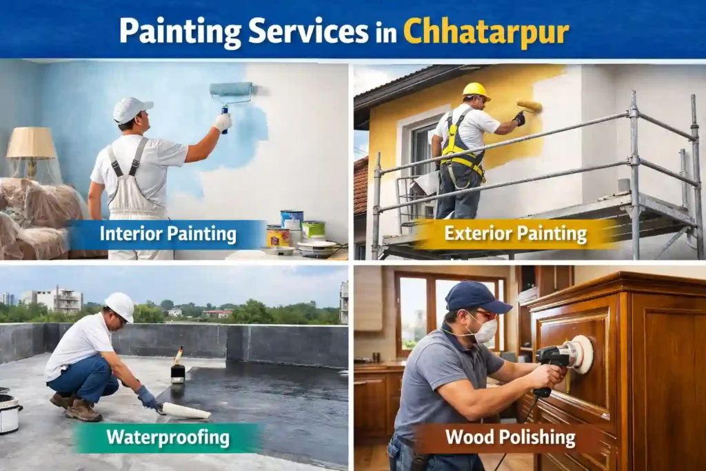 Interior exterior painting waterproofing and wood polishing services in Chhatarpur Delhi for homes and farmhouses