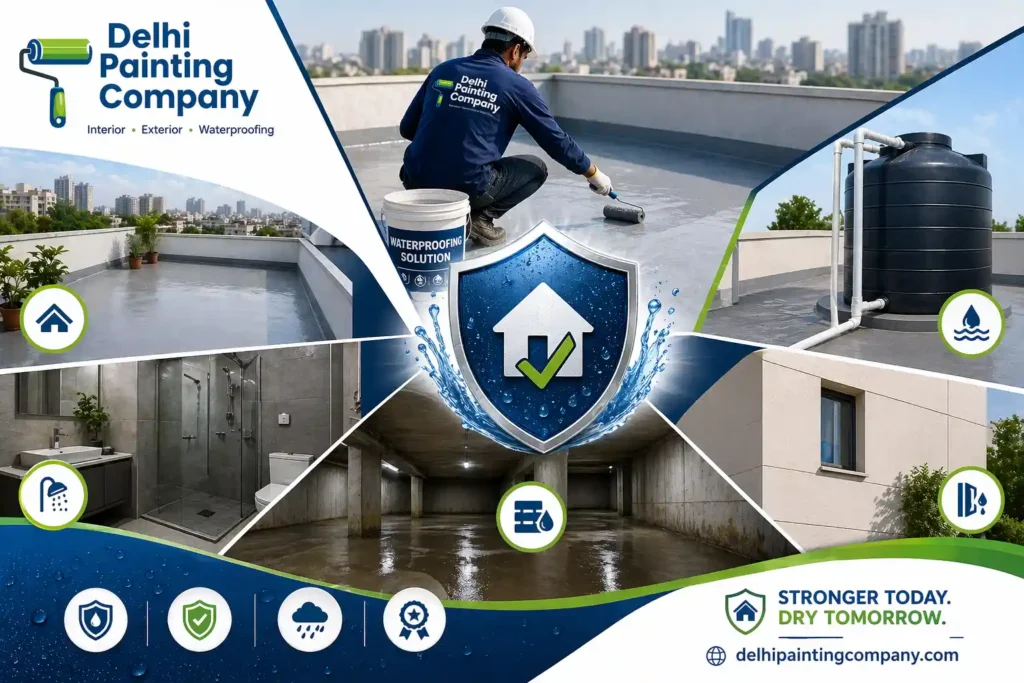 Delhi waterproofing services for terrace, bathroom, basement and external walls with professional application