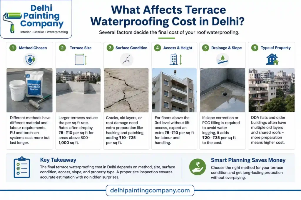 Six factors affecting terrace waterproofing cost in Delhi including method, size, surface condition, access, drainage and property type