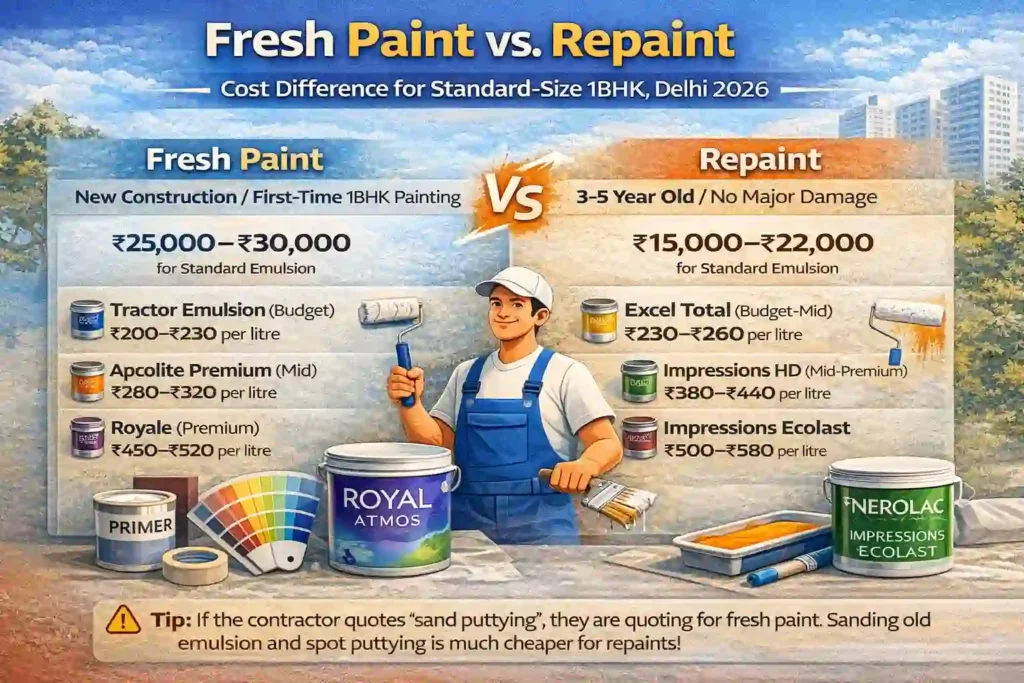 Fresh paint vs repaint cost comparison for 1BHK in Delhi 2026 showing ₹25,000 to ₹30,000 for new paint and ₹15,000 to ₹22,000 for repaint