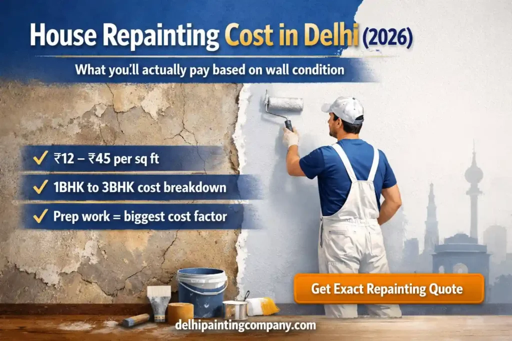 House repainting cost in Delhi 2026 showing before and after wall painting with per sq ft price range