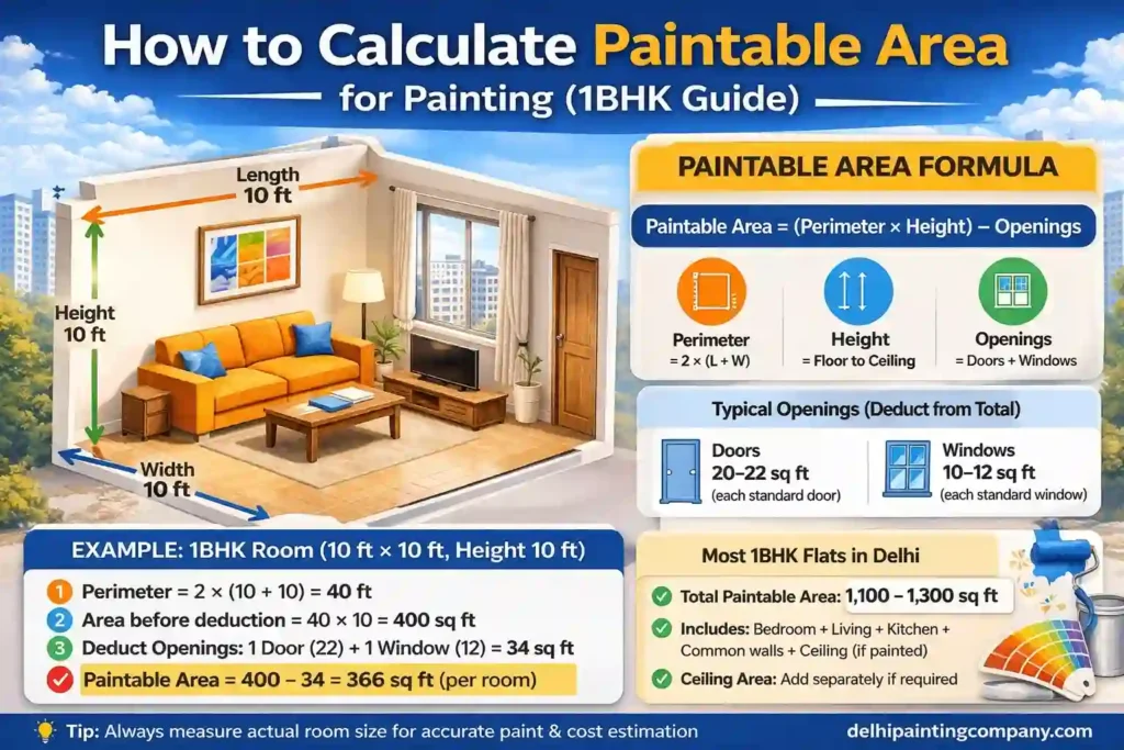 How to calculate paintable wall area for painting using formula perimeter into height minus doors and windows with example for 1BHK room