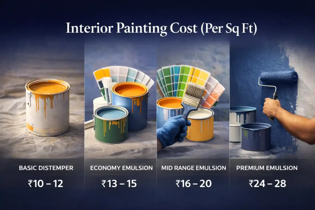 Interior painting cost per sq ft in Delhi showing distemper economy mid range and premium emulsion rates