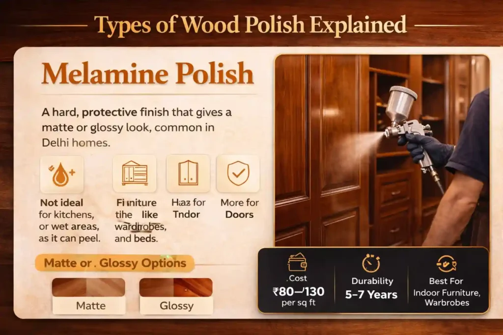 melamine polish wood furniture matte glossy finish wardrobes indoor furniture Delhi