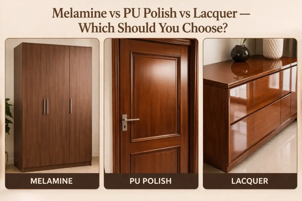 melamine vs PU polish vs lacquer wood finish comparison furniture examples Delhi