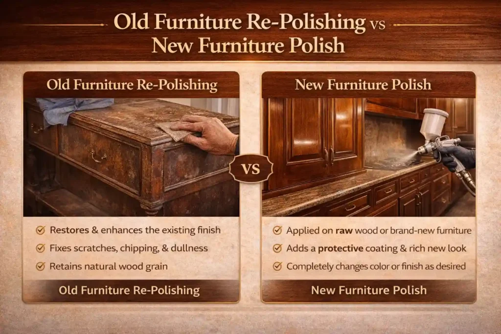 old furniture repolishing vs new furniture polish comparison wood finishing process Delhi