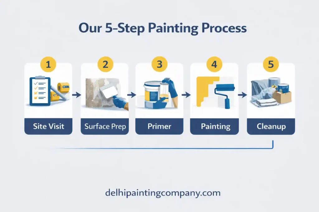 step by step painting process site visit surface prep primer painting cleanup Delhi