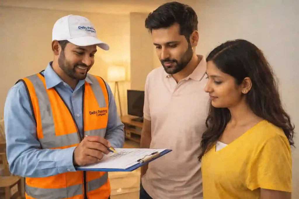 Painting supervisor from Delhi Painting Company inspecting a 1BHK home and discussing painting work details with homeowners before starting the project graphic
