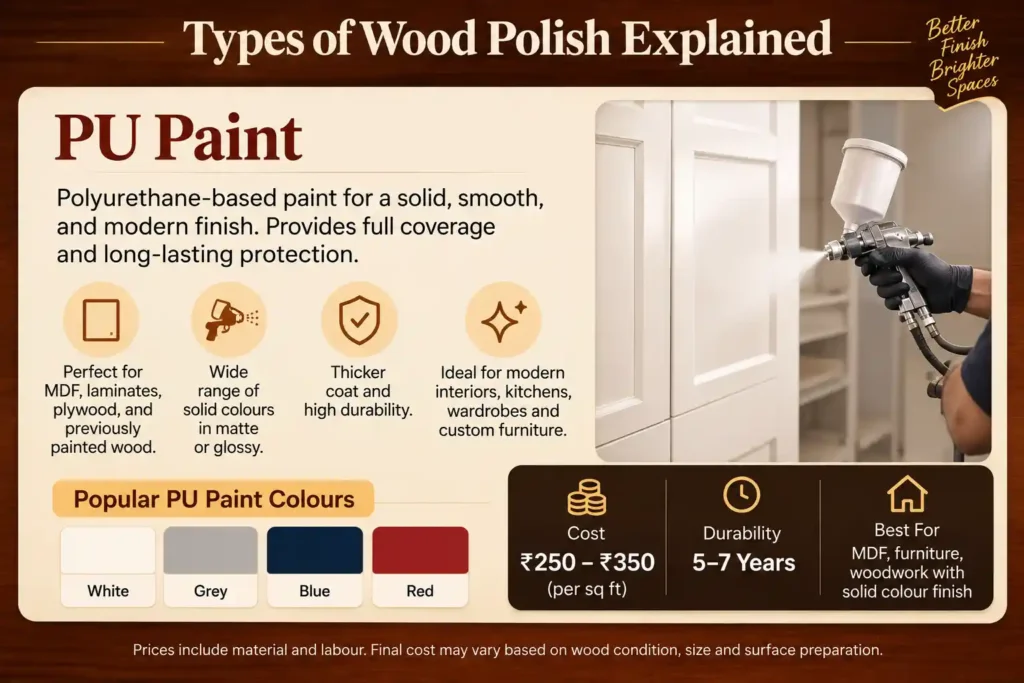 PU paint for wood and MDF furniture in Delhi NCR showing solid colour finish options, applications, durability and updated cost per sq ft