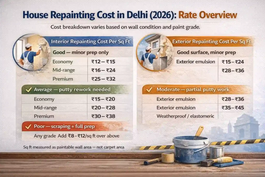 repainting cost per sq ft delhi 2026