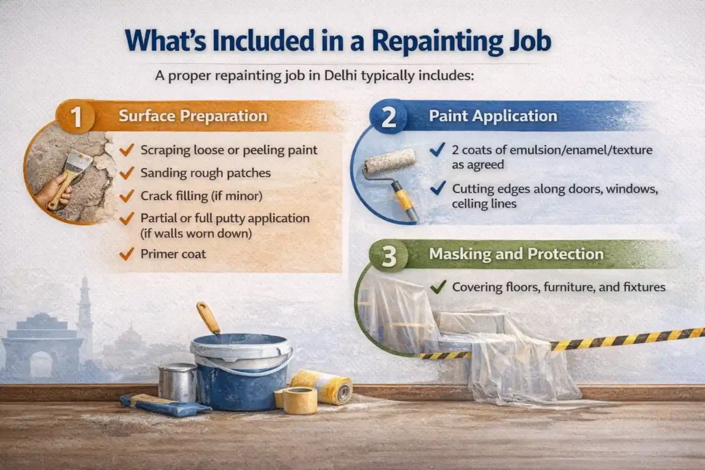 Steps included in repainting job in Delhi including surface preparation, paint application and masking