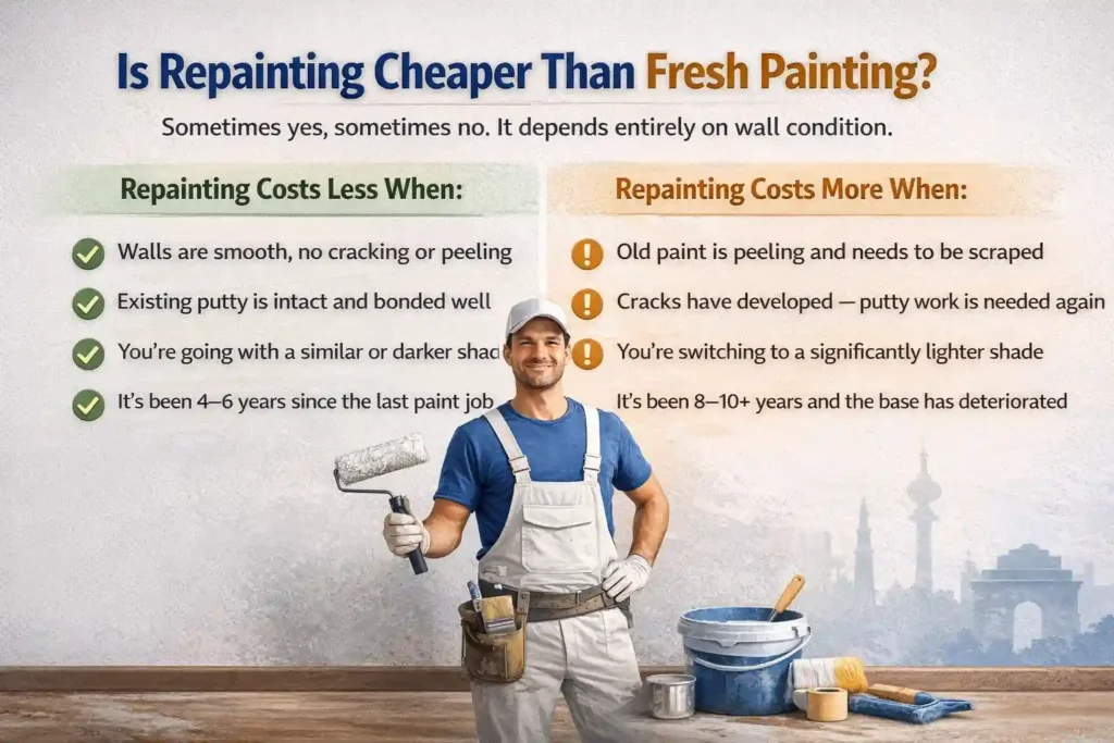 Comparison of repainting vs fresh painting costs based on wall condition in Delhi homes