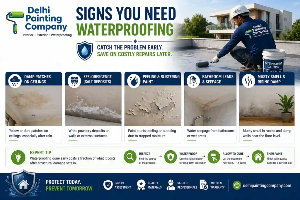 Signs of waterproofing issues like damp patches peeling paint bathroom leakage and wall seepage