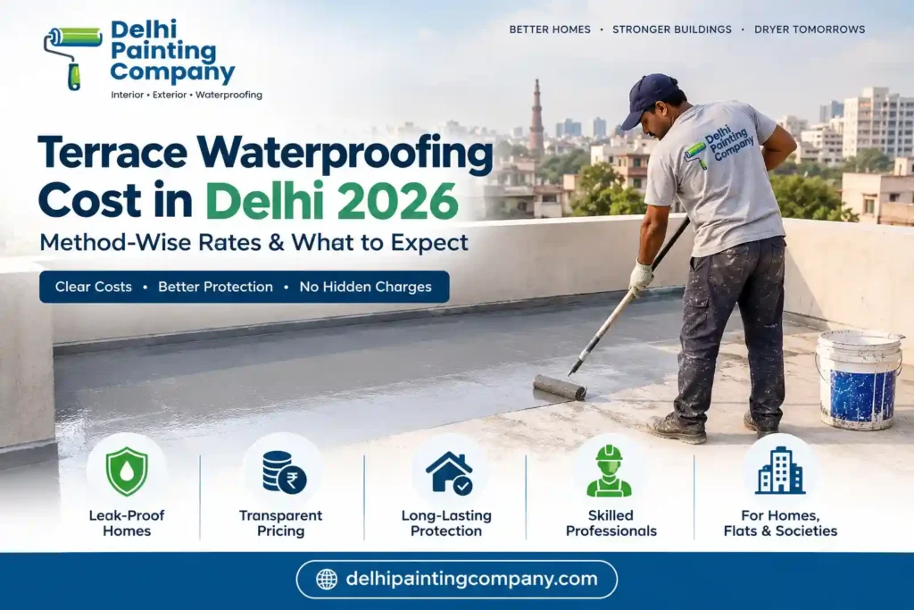 Terrace waterproofing cost in Delhi 2026 with a worker applying waterproof coating on a rooftop