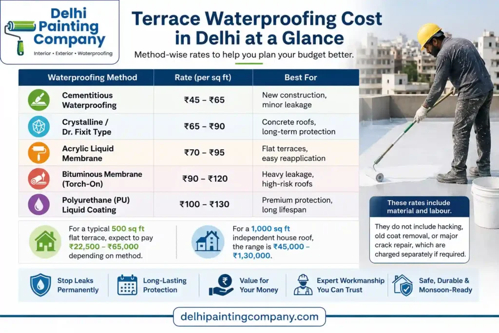 delhi-at-a-glance.jpg Terrace waterproofing cost in Delhi at a glance showing method-wise rates per square foot