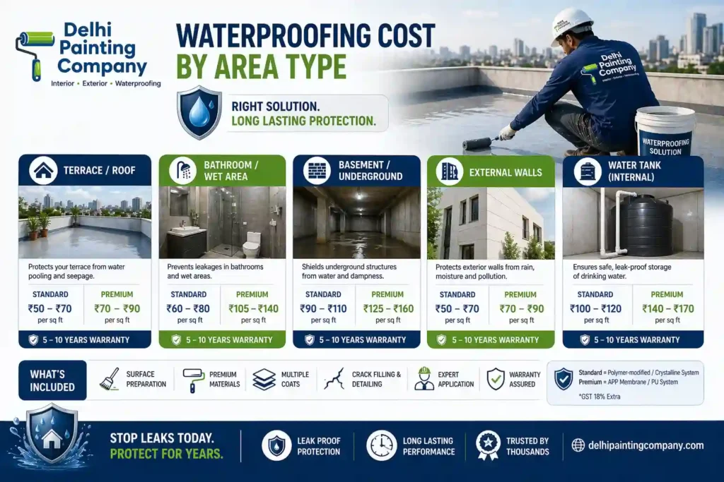 waterproofing cost per sq ft delhi 2026 rates