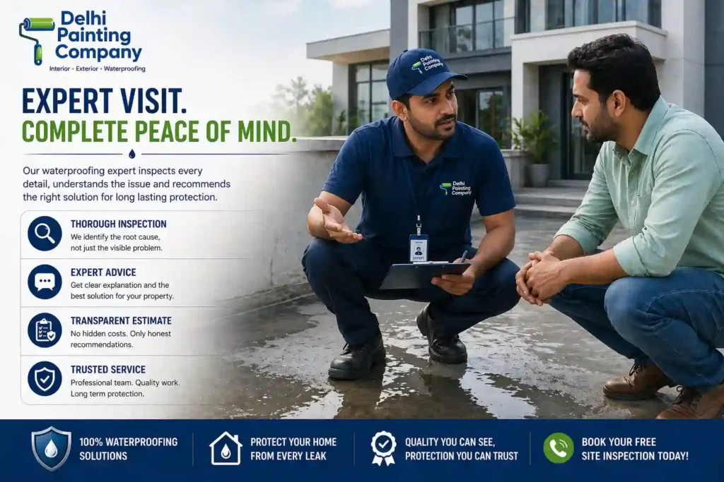 Waterproofing expert inspecting terrace and discussing solution with homeowner in Delhi