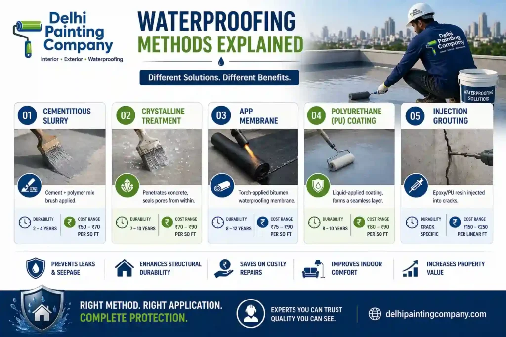 waterproofing methods comparison delhi cementitious app pu