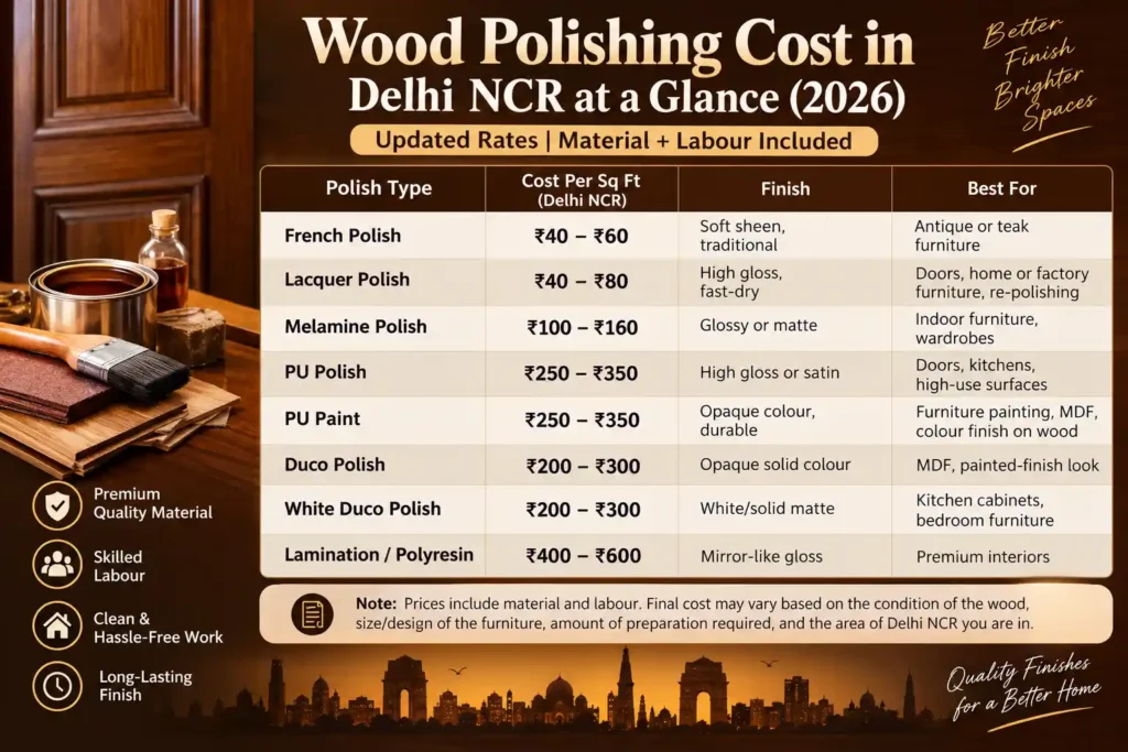 Wood polishing cost in Delhi NCR 2026 showing updated rates for French, lacquer, melamine, PU, Duco and other wood polish types