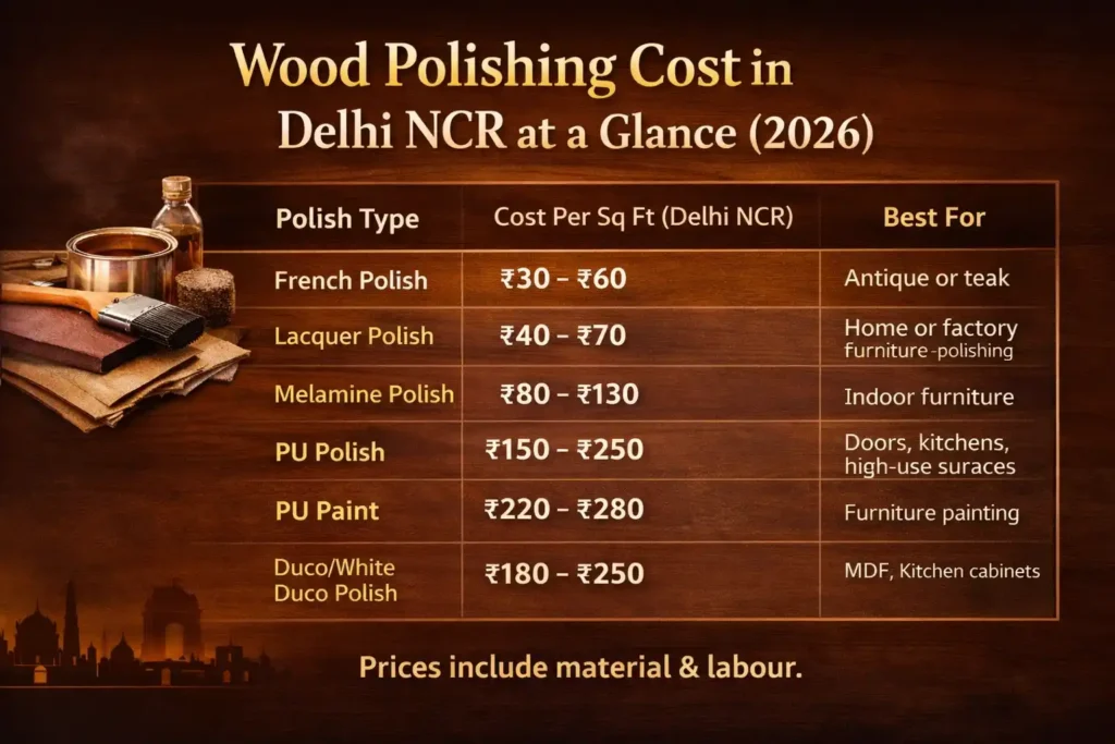 wood polishing cost delhi ncr rates 2026