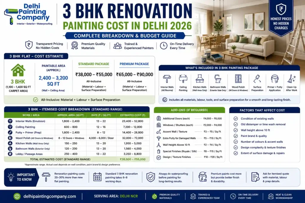 3BHK renovation painting cost in Delhi with complete interior painting and wood polish budget