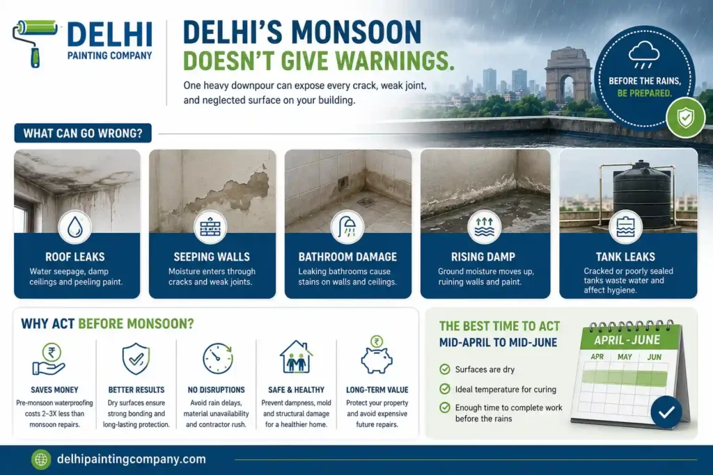 Infographic showing common monsoon waterproofing problems in Delhi including roof leaks, damp walls, bathroom seepage and tank leakage