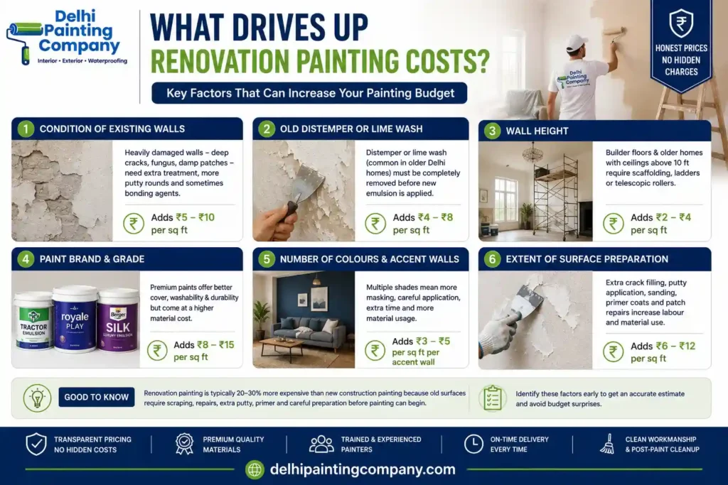 Factors that increase renovation painting cost in Delhi including wall condition paint quality and surface preparation