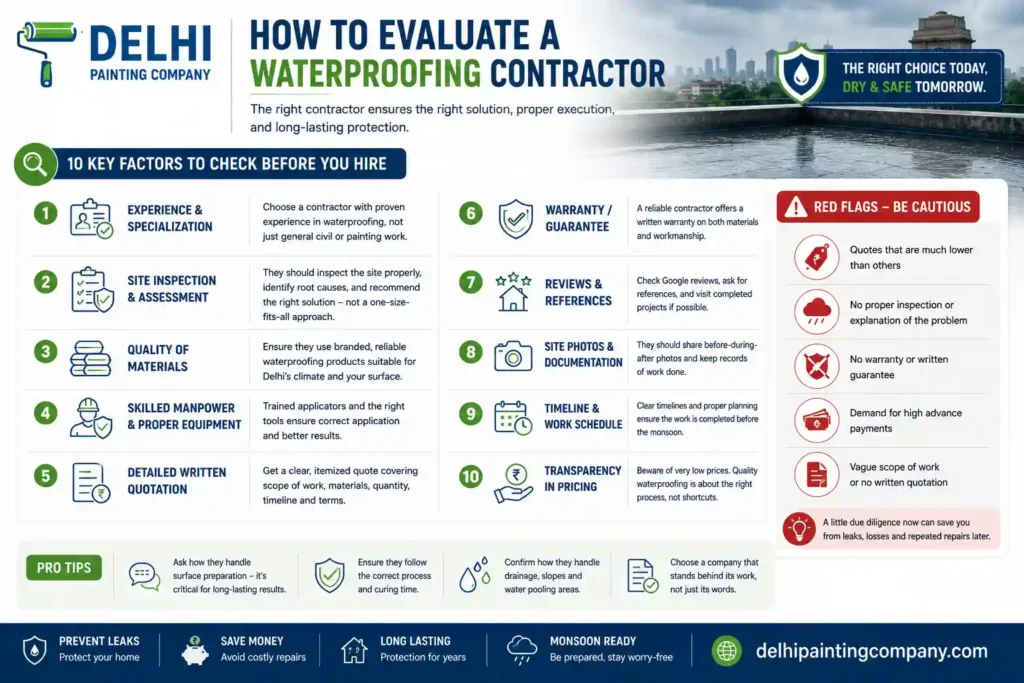 Professional infographic explaining how to evaluate and hire a reliable waterproofing contractor in Delhi before monsoon season