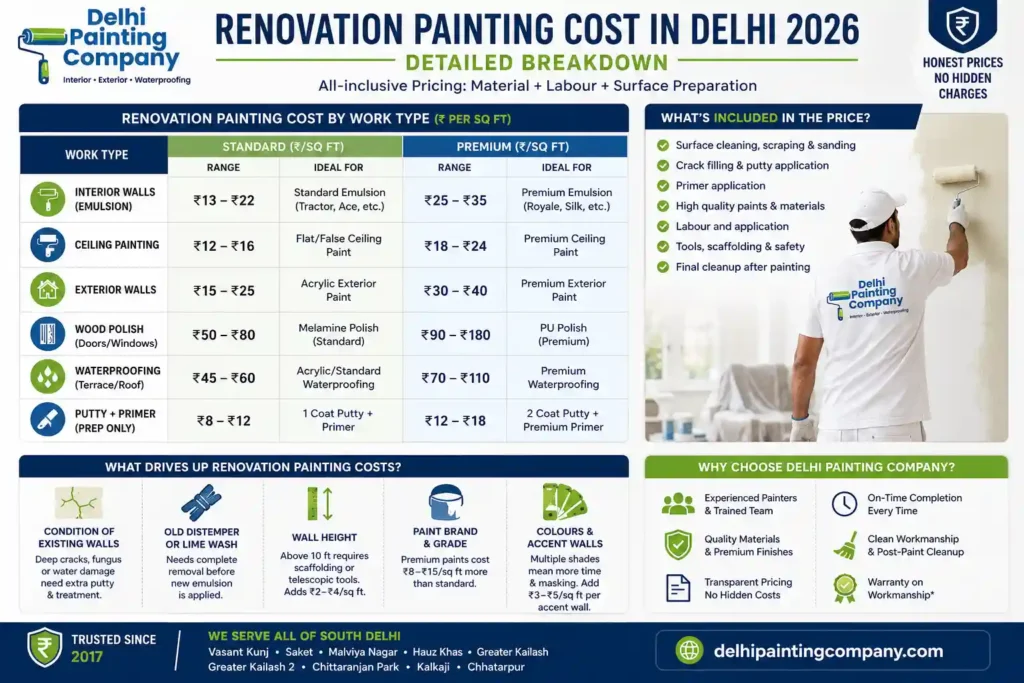 renovation painting cost per sq ft delhi 2026