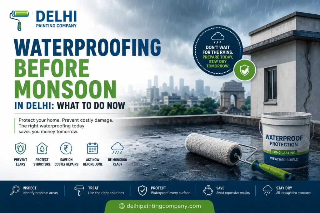 Pre monsoon waterproofing service banner in Delhi showing terrace waterproofing, rain clouds, waterproof coating bucket and Delhi skyline