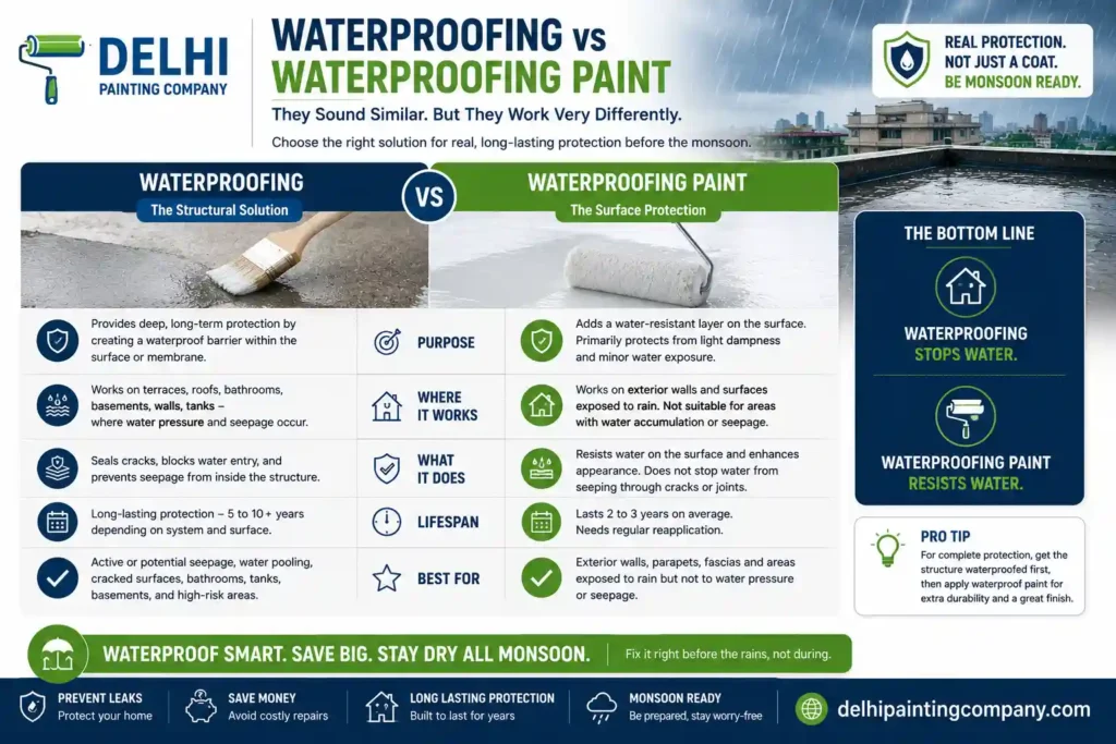 Comparison infographic explaining difference between structural waterproofing and waterproof exterior paint for homes in Delhi