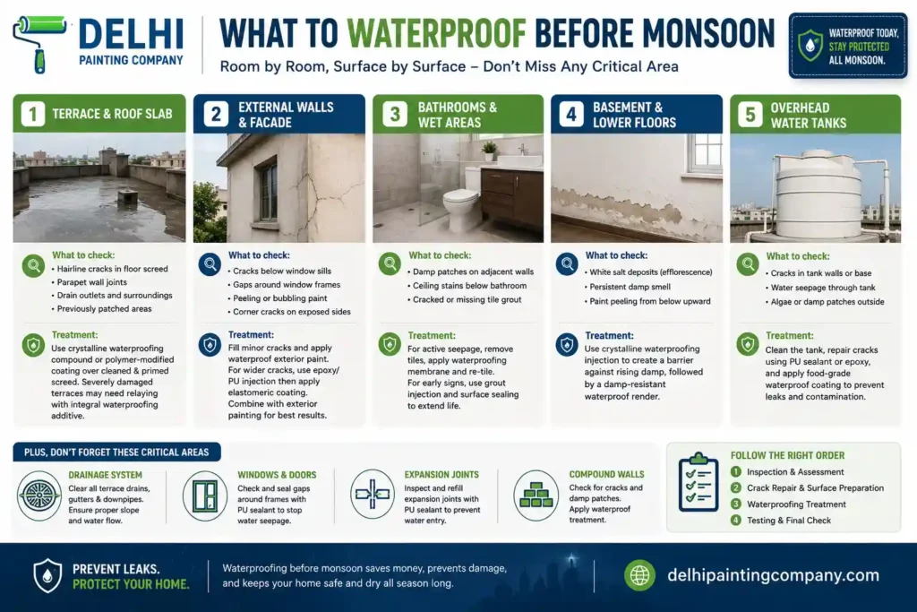 Detailed waterproofing checklist infographic for Delhi homes covering terrace, external walls, bathrooms, basement and overhead tanks