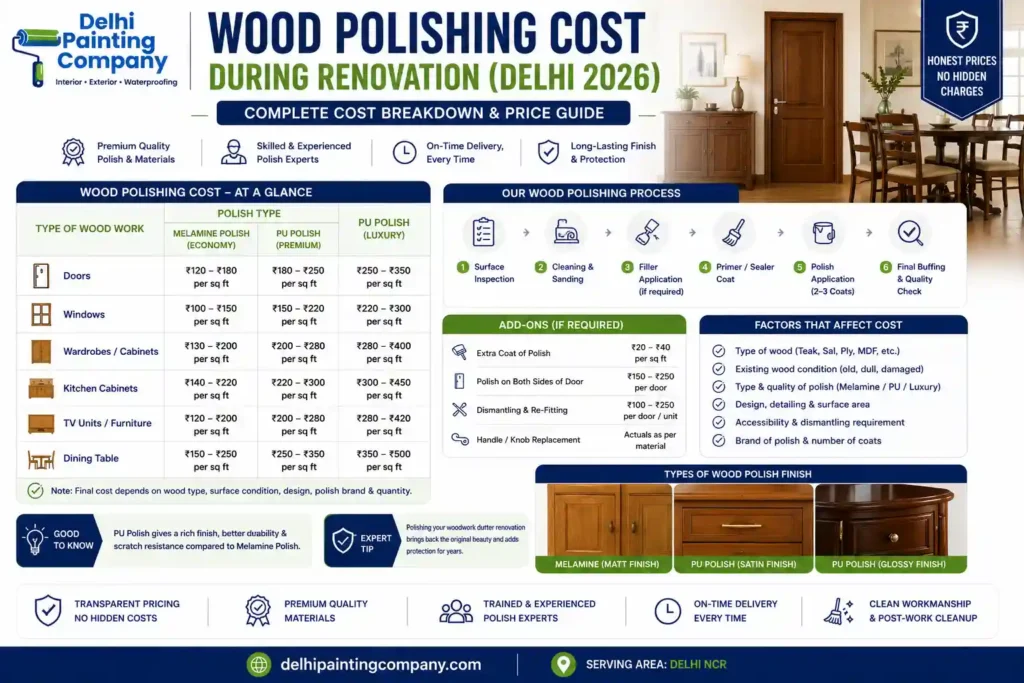 Wood polishing cost during renovation in Delhi for doors windows and wooden surfaces