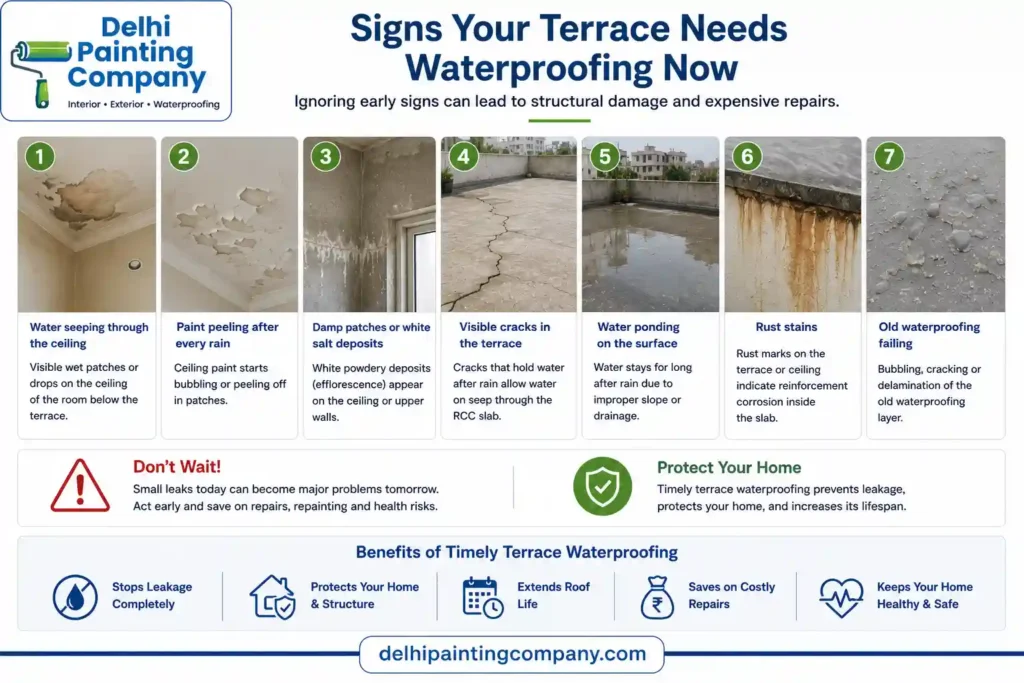 Signs that a terrace needs waterproofing including ceiling seepage, peeling paint, cracks, water ponding, rust stains and failed coating
