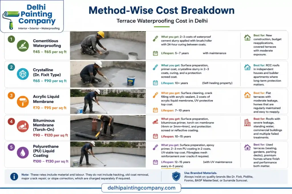 Method-wise terrace waterproofing cost in Delhi for cementitious, crystalline, acrylic, bituminous and PU systems