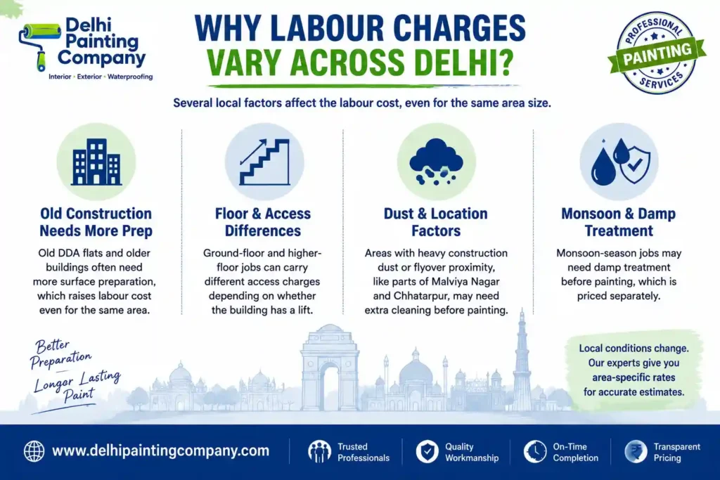 Factors affecting painting labour charges across Delhi, including building age, floor access, dust and damp treatment