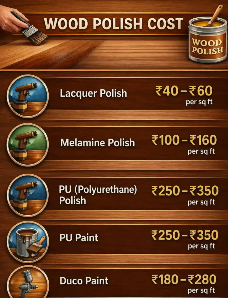 Wood polish cost per sq ft in India showing Lacquer Polish ₹40–₹60, Melamine Polish ₹100–₹160, PU Polish ₹250–₹350, PU Paint ₹250–₹350, and Duco Paint ₹180–₹280 per sq ft.